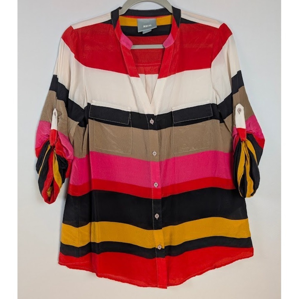 Maeve Crepe Silk Blouse Womens XS Red Black Pink Striped V-Neck Shirt Roll Tab
